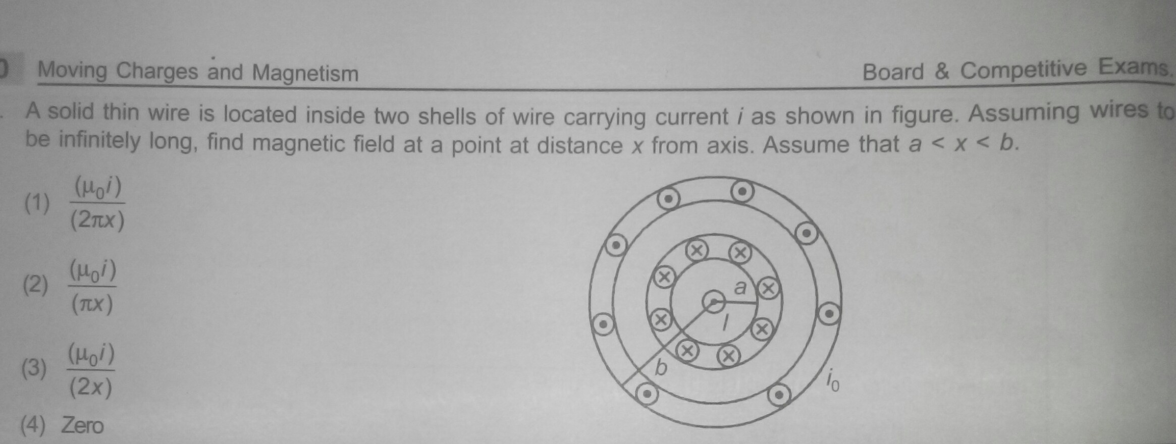 Question image for A solid thin wire is located inside two shells of